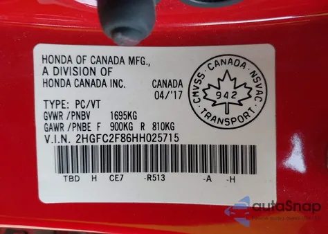 2017 Honda Civic Ex from USA, damaged, VIN 2HGFC2F86HH025715